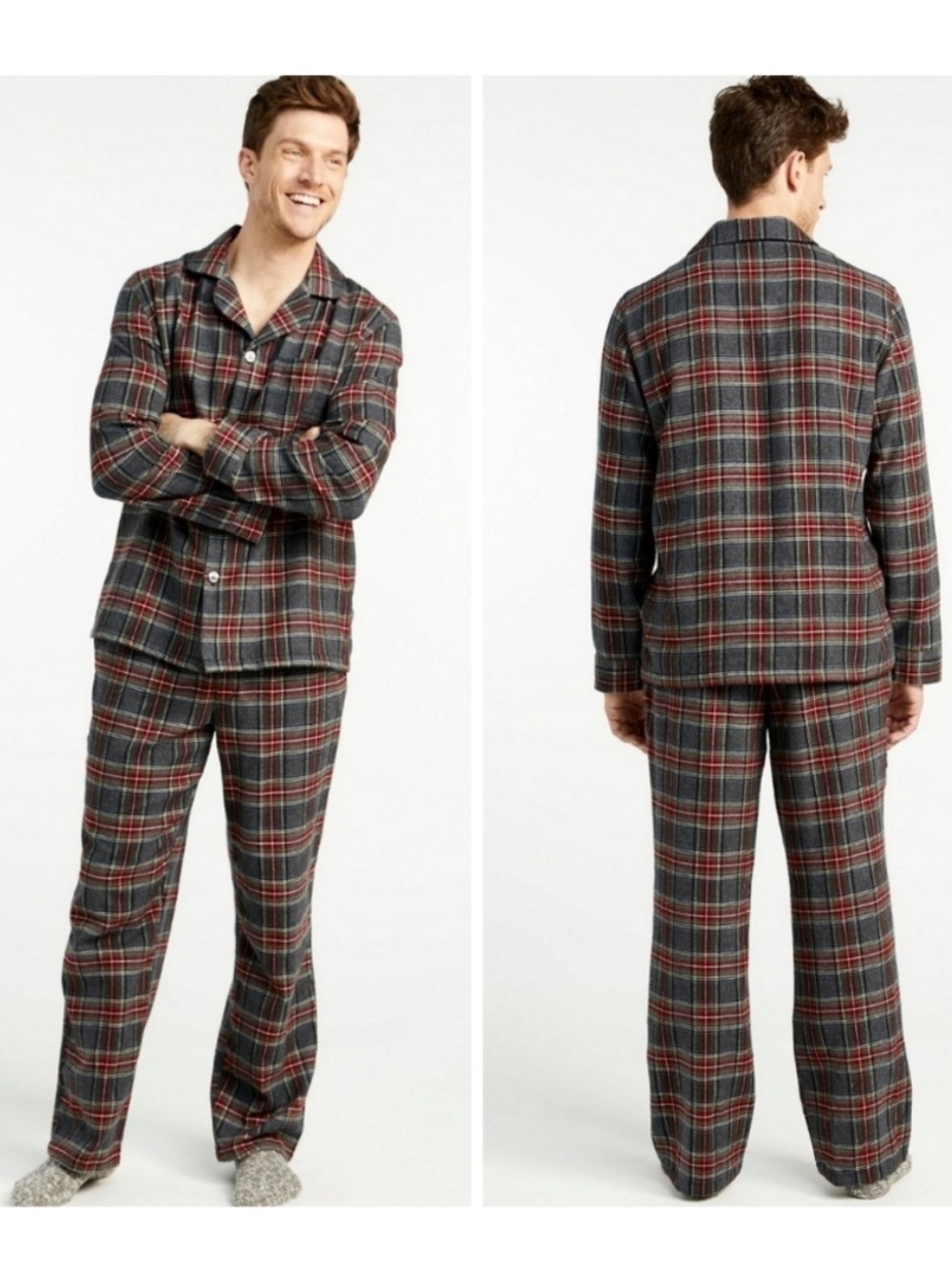 L.L.Bean Men's Medium SHORT Scotch Plaid Flannel Pajama Set Gray Red Classic